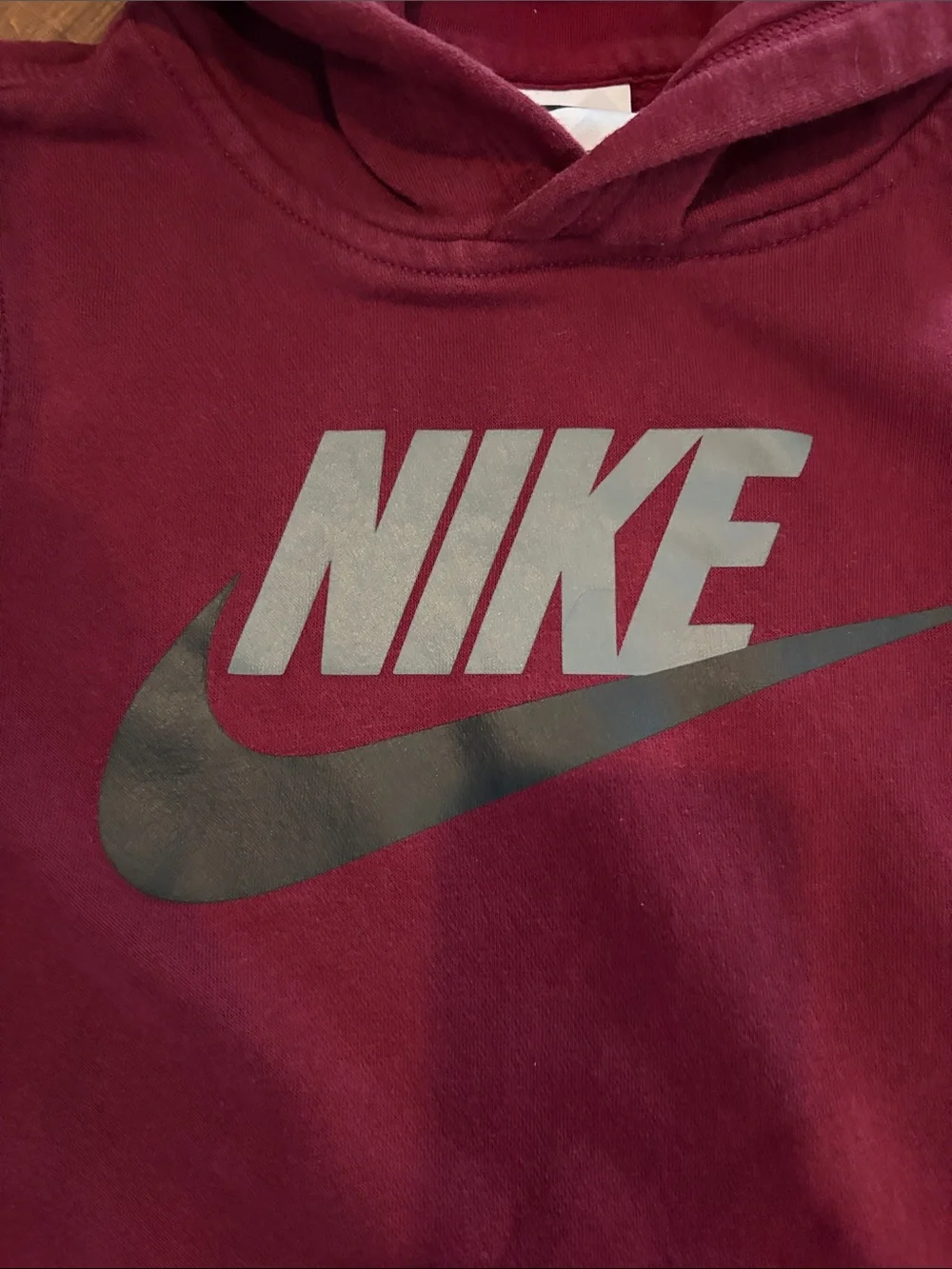 Boys Nike Burgundy Pullover Hoodie with Gray and Black Logo